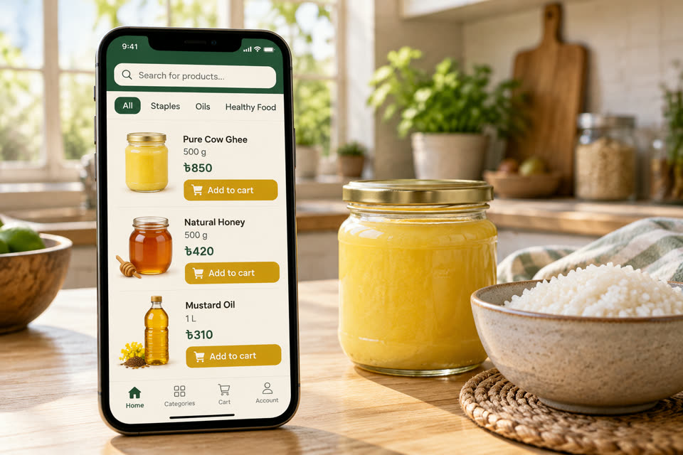 Shopping app for Saiyadna Mart on a phone next to a jar of ghee