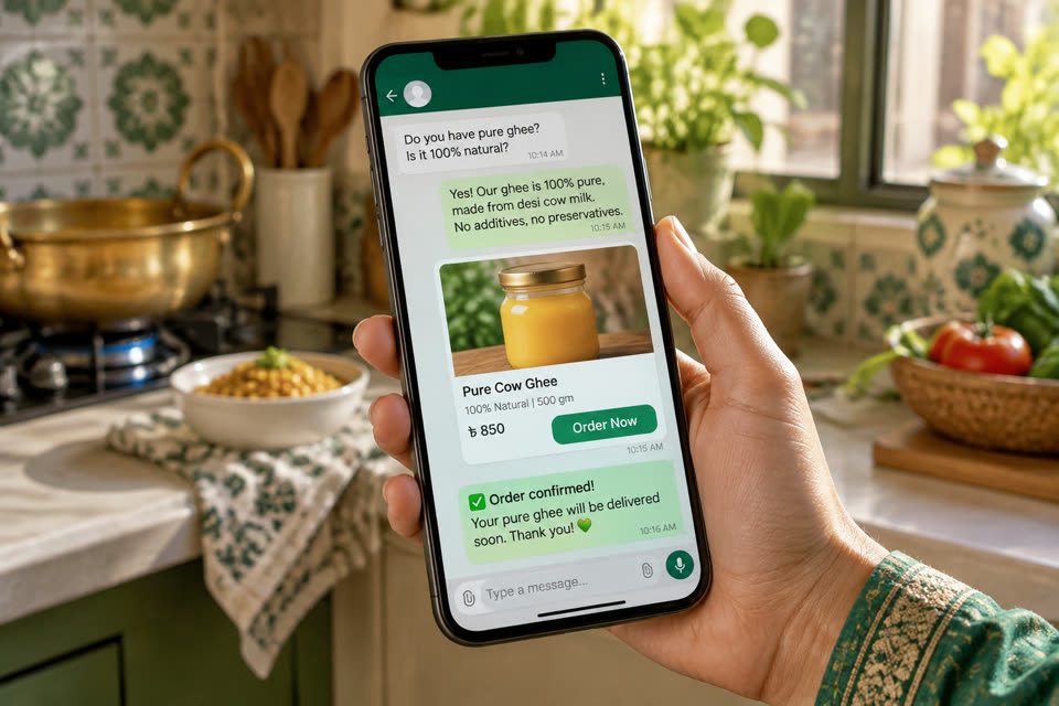 A customer orders ghee in a chat and gets an instant reply